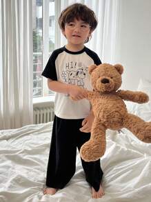 DAZY Young Boy Letter & Cartoon Print Raglan Short Sleeve Top And Pants Loungewear Set - Black and White - View 7