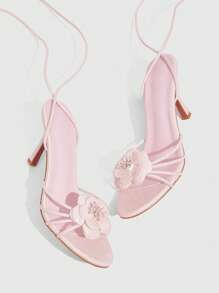 CUCCOO SZL Pink PU Floral Decor Women's Round Toe High Heel Lace-Up Sandals - Baby Pink - View 2