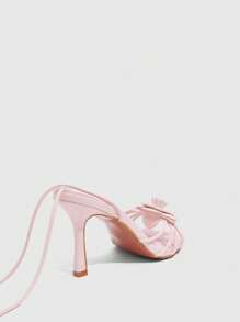 CUCCOO SZL Pink PU Floral Decor Women's Round Toe High Heel Lace-Up Sandals - Baby Pink - View 5
