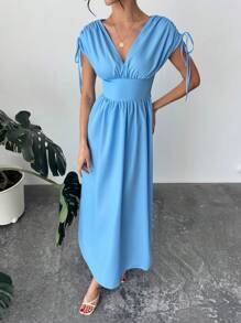 Firerie Ladies Sky Blue Summer Elegant Vacation Outfits,Boho Pleated Long Skirt With Drawstring Shoulder,Umbrella Graduation Prom Wedding Guest Party Dress - Pink - View 6