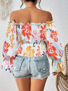 Breezaya Legeres Off-Shoulder Pastoralhemd mit zufälligem Muster - Weiss - Übersicht 2