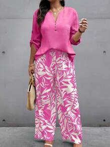 EMERY ROSE 2件套加大码全印花翻领卷袖上衣和全印花长裤套装 女装夏季服装 女装夏季套装 女装夏季穿搭 - 彩色 - 查看 3