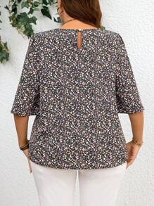 SHEIN LUNE Tuta casual estiva per vacanze taglia grande, camicetta da donna con maniche a palloncino e piccoli fiori per insegnanti