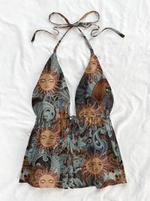 Soleia Women's Casual Halter Tie Back Sleeveless Tank Top, Paisley Print, Suitable For Vacation, Music Festival, Summer - Blue - View 4