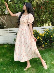 DAZY Đầm dài tay phồng kiểu Pháp họa tiết hoa nhí thời trang, thắt eo, kiểu cổ tích, thích hợp cho mùa hè. - Màu be - Xem 6