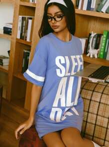 Women Letter Print Round Neck Drop Shoulder Casual Nightgown - Blue - View 3