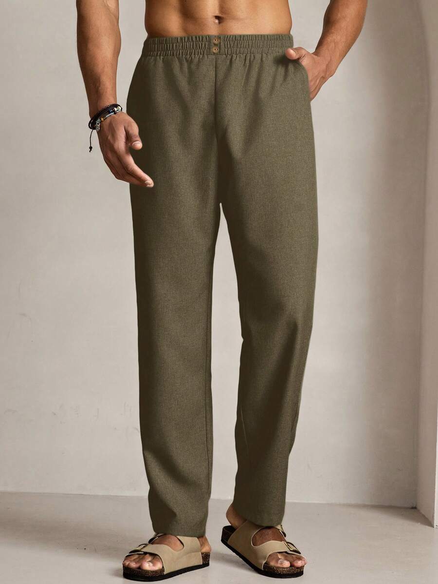 Manfinity VCAY Pantalones rectos de cintura elástica de unicolor casual para hombres - Verde militar - Ver 1