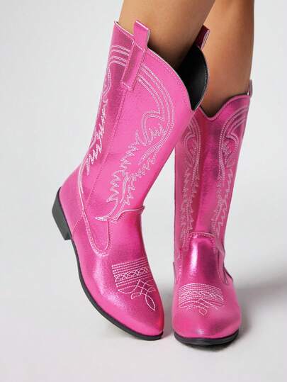 Fairycore Kniehohe Jeansboots in gemischten Farben, Western-Stil Kurzstiefel, Neu 2024 Frühling Sommer, Pink