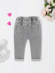 女婴爱心刺绣口袋休闲牛仔裤 - 灰色 - 查看 2