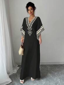 Chiquease Women's Elegant Deep V-Neck Retro Print Drop Shoulder Loose Dress - Black - View 6