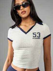 Missguided x Playboy Áo thun thể thao trẻ em cổ bẻ ngắn cổ chữ V Varsity Sport Number tay ngắn mùa hè xuân tập luyện thể dục thường ngày dạo phố Y2K - Nhiều màu - Xem 3