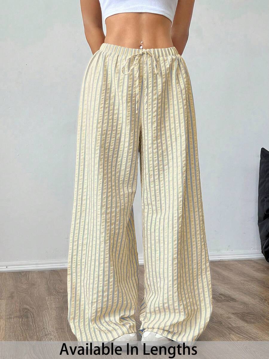 SHEIN PETITE CURVE 大码女式条纹系腰阔腿宽松休闲裤 - 米色 - 查看 1