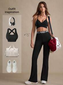 Women's Basic Yoga Pants With Waistband, Pockets And Flared Leg - Black - View 6