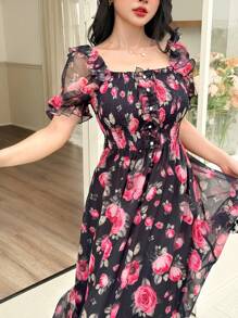 Modelyn French Square Neck Digital Floral Print Chiffon Dress For Women - Multicolor - View 5