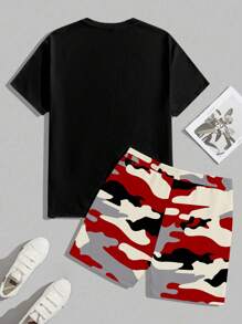 Manfinity Homme 2pcs Men's Camo Letter Print T-Shirt And Drawstring Waist Shorts Set - Red - View 2