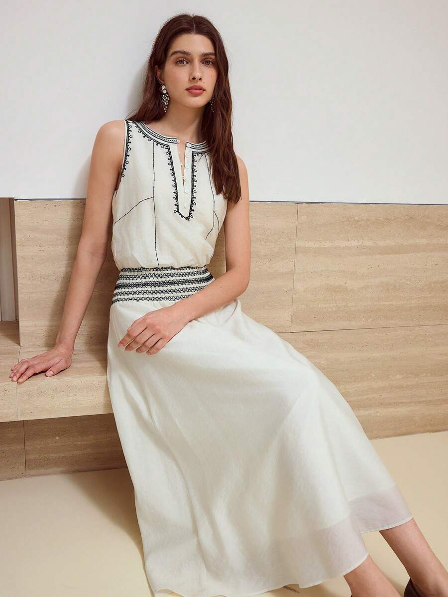 MOTF STUDIO 刺绣无袖连衣裙 - 杏色 - 查看 1