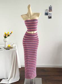Soleia 2pcs Women Set: Stripe Print Tube Top And Miniskirt With Sweater - Hot Pink - View 4