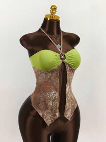 Amplova 女士海星金属配饰装饰领带，复古薄纱腰带腰果花下摆上衣 - 彩色 - 查看 6