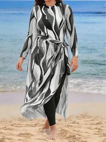 Swim Shayni 大码女式三件套：几何印花中长上衣，搭配长网眼裙和纯色裤子，保守中东风格比基尼泳装