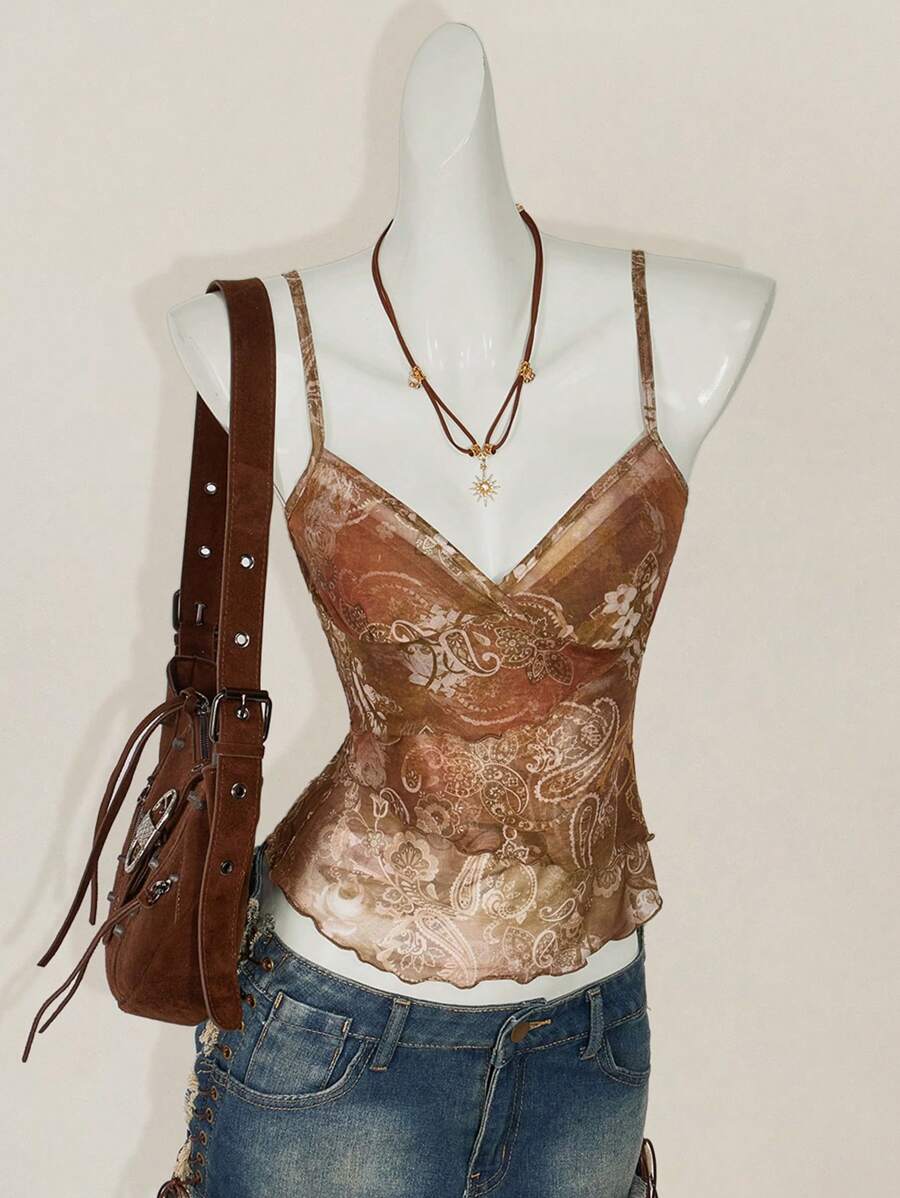 SHEIN ICON 时尚网眼背心，适合夏季佩斯利印花复古背心女款 - 彩色 - 查看 1