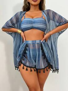 SHEIN Swim 4pcs Geometric Print Ruched Front Swimsuit Top, Geometric Pattern Bikini Bottom, Multi-Color Tasseled Cardigan And Tasseled Shorts Swimsuit Set For Carnival, Summer - Grey - View 3