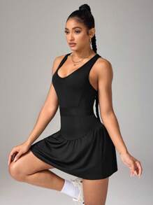 CourtClass Women's Solid Color Sleeveless Simple Ruched Casual Short Sports Dress - Black - View 3