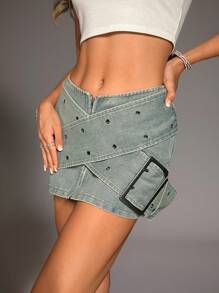 Aveloria Affinna Falda en mezclilla con ojal con tira cruzada con diseño con hebilla