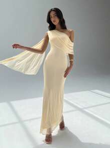 Aloruh Women's Birthday Party Dress Cocktail Dance Concert Music Festival Dinner Greek Goddess Dress Holiday Apricot Dress Mesh Knit Bodycon Dress Solid Color Asymmetrical Collar Splice Chiffon Dress, Elegant Style