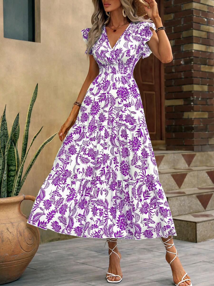 SHEIN Clasi Floral Print Butterfly Sleeve Ruffle Hem Dress Maxi Women Outfit - Purple - View 1