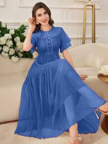 Modelyn Abito ampio elegante da donna in stile primavera/estate con inserti in merletto, perle e bottoni, a pois e fiori con tessuto in in rete