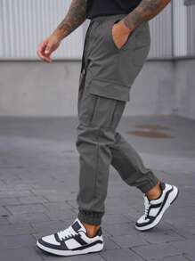 Manfinity Roughcore Pantalones jogger casuales con cordón para hombres, pantalones cargo con múltiples bolsillos, joggers casuales, otoño - Gris Oscuro - Ver 4