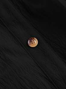 SHEIN MOD 白色夏日假日褶皱 V 领纽扣前开襟衬衫裙 - 黑色 - 查看 5