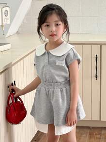 DAZY 2pcs/Set Girls Collared Casual Loose Short Sleeve T-Shirt And Shorts, Summer - Grey - View 5
