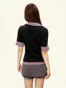 Rina Fox 女式撞色格子拼接二合一 V 领开衩短袖 Polo T 恤，通勤休闲