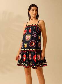 CAJUNI 女式波西米亚风热带豹纹、龟背竹纹、恶魔之眼印花、系带短款休闲度假海滩夏装 - 彩色 - 查看 3