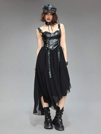Grunge Punk Vestido camisola sexy y punk con abertura lateral alta, de malla transparente, de PU negro con tirantes, con cordones y lazo en la espalda, para mujeres