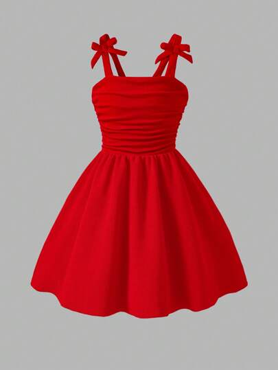 Elladie kids Ung flicka Elegant enfärgad 3D rosett plisserad klänning, vår/sommar nya ankomster Lämplig för utflykter, fester och evenemang