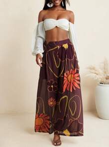 BELANGE HANDMADE Floral Print Wide Leg Pants High Waist
