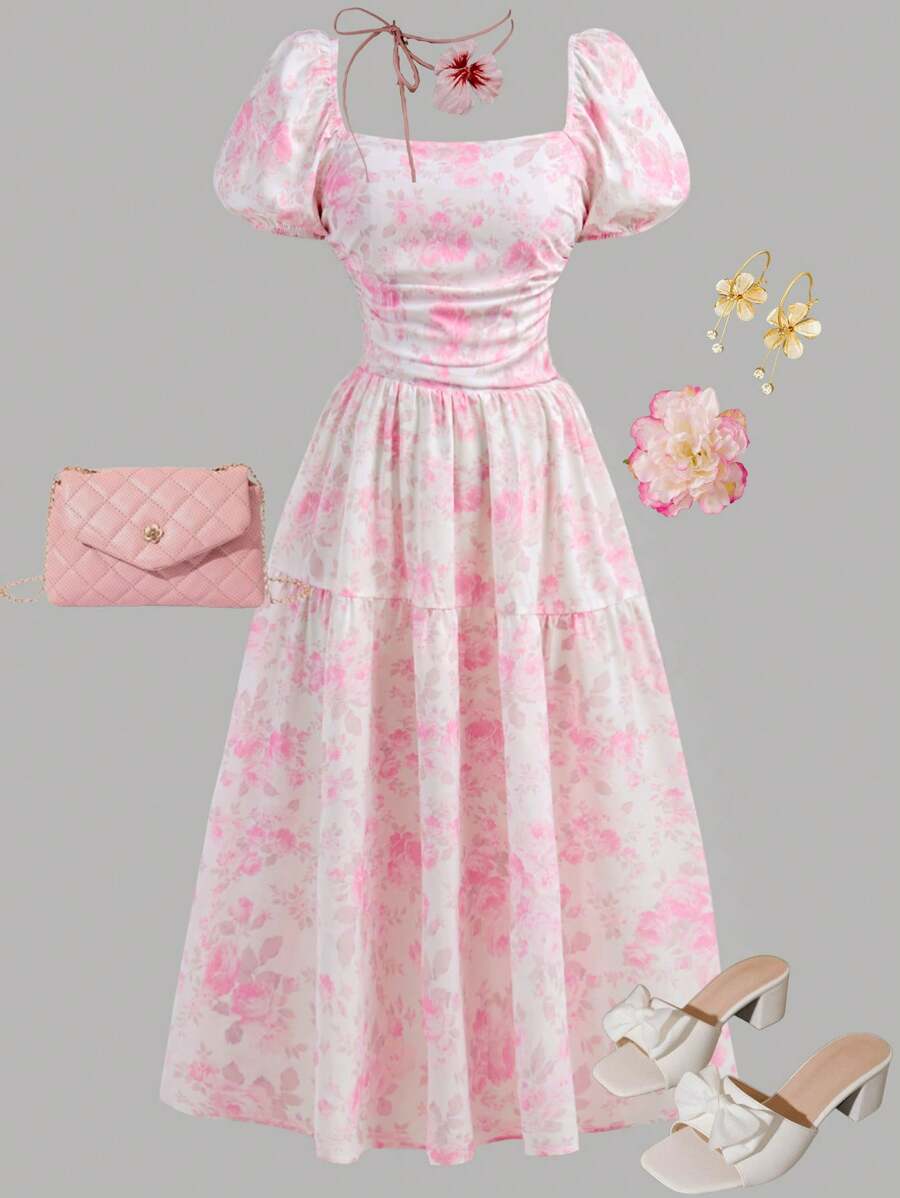 Girlism 少女碎花不对称腰部中长款茶会礼服，休闲优雅，适合返校、约会、聚会、婚礼、伴娘、派对、舞会，撞色蝴蝶结、拼布、吊带裙、伴娘礼服，适合派对、婚礼、花园活动、通勤优雅、购物，适合婚礼、生日派对、舞会和伴娘场合 - 粉色 - 查看 1