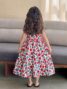 SHEIN Young Girl Floral Print Elegant Fashion Comfortable Bow Decorated Spaghetti Strap Mid-Length Dress Summer Holiday