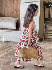 SHEIN Young Girl Floral Print Elegant Fashion Comfortable Bow Decorated Spaghetti Strap Mid-Length Dress Summer Holiday