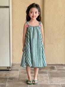 SHEIN Genkimix Kids Vestito estivo casual e senza maniche da ragazza, linea ad A, morbido, con stampa a fette di cocomero, dolce e carino