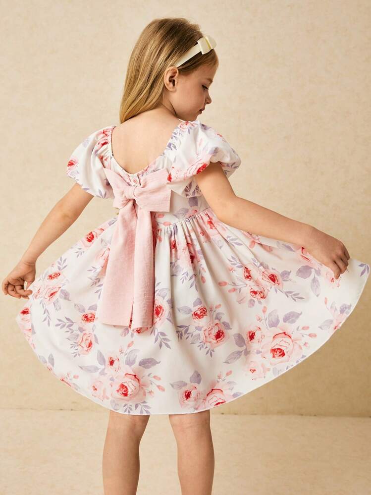 SHEIN فستان أنيق ذو أكمام منتفخة مطبوع بنقوش الزهور الوردية للفتيات الصغيرات - متعدد الألوان - مشاهدة 4