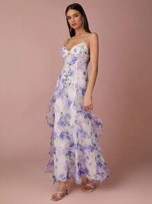 Enchnt Vestido deslizante elegante de gasa con estampado floral, patchwork y dobladillo con volantes para mujer