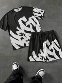 Manfinity LEGND Sporty Men's Fashion Printed T-Shirt Set,Men's Mature Street Short-Sleeved T-Shirt Set, Loose Dropped Shoulder Style, Random Letter Pattern And Contrasting Color Design, Which Enhances The Overall Texture While Maintaining Breathability And Comfort. The Overall Style Is Fashionable And Generous, Suitable For Outdoor Sports And Leisure Occasions. - Multicolor - View 3