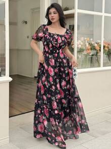 Modelyn French Square Neck Digital Floral Print Chiffon Dress For Women - Multicolor - View 6