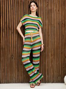 SHEIN Unity Women 2pcs Set Contrast Color Striped Knitted Top And Pants, Leisure Vacation Style - Multicolor - View 6