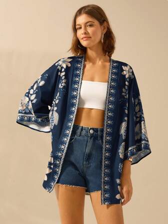 CAJUNI 女士热带花卉印花波西米亚风海滩罩衫，宽松版型