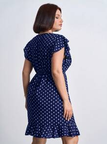 Chikora Plus Size Women's Casual Polka Dot Print Ruffle Trim Dress, Does Not Include Belt, For Summer,Office Outfits For Women