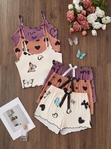 Snug Zone 3 pièces Set Débardeur et Short Pyjama Imprimé Papillon et Cœur